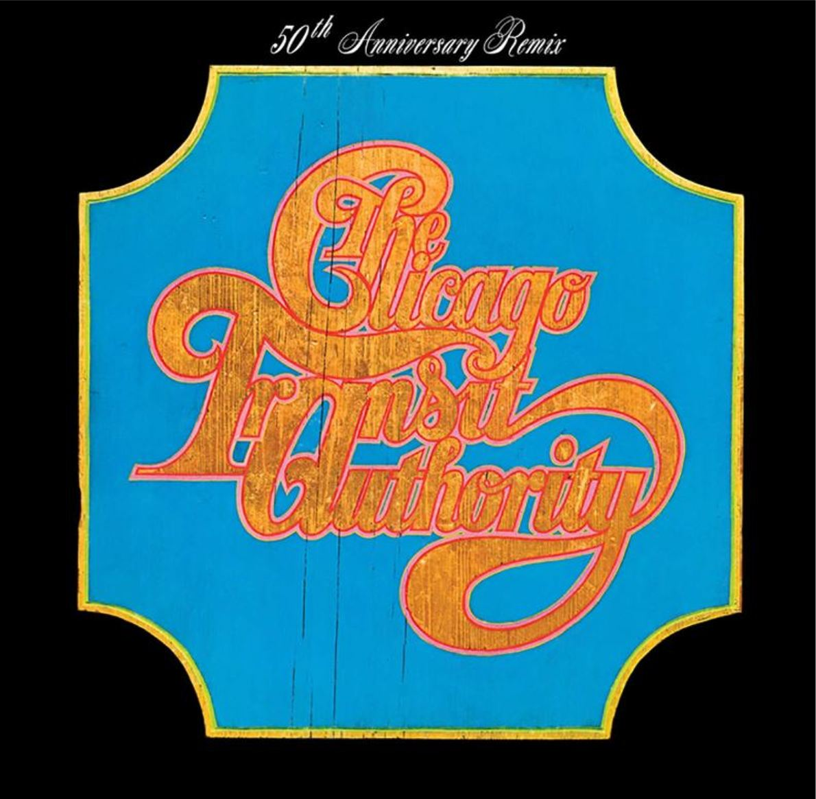 Albumhoes met blauwe achtergrond en gouden tekst: "Chicago Transit Authority".