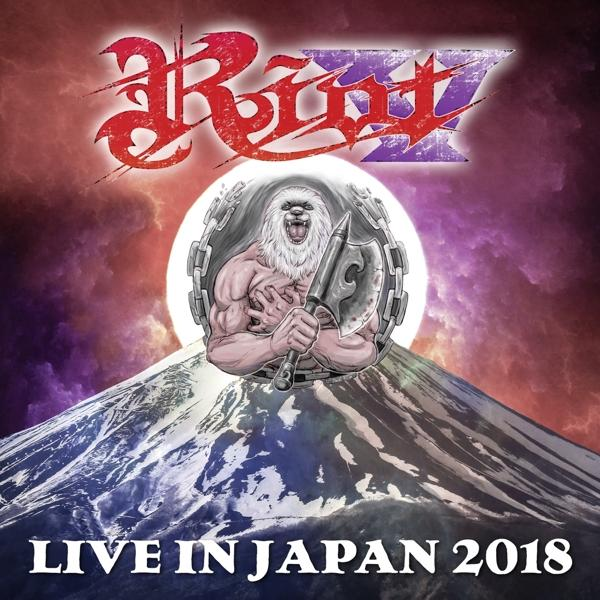 Albumcover für 'Riot X' mit einem Krieger und einem Berg mit dem Text 'LIVE IN JAPAN 2018'.