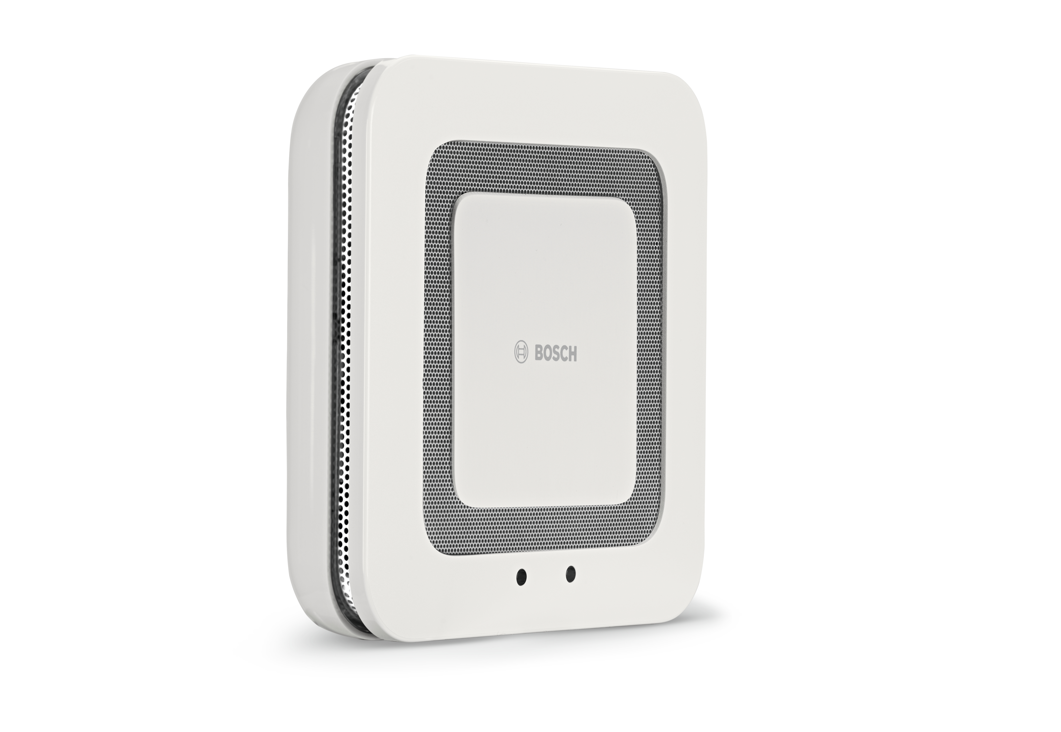 Weißer Bosch Smart Home Rauchmelder, mit Maschenöffnungen und zwei kleinen Kontrollleuchten.