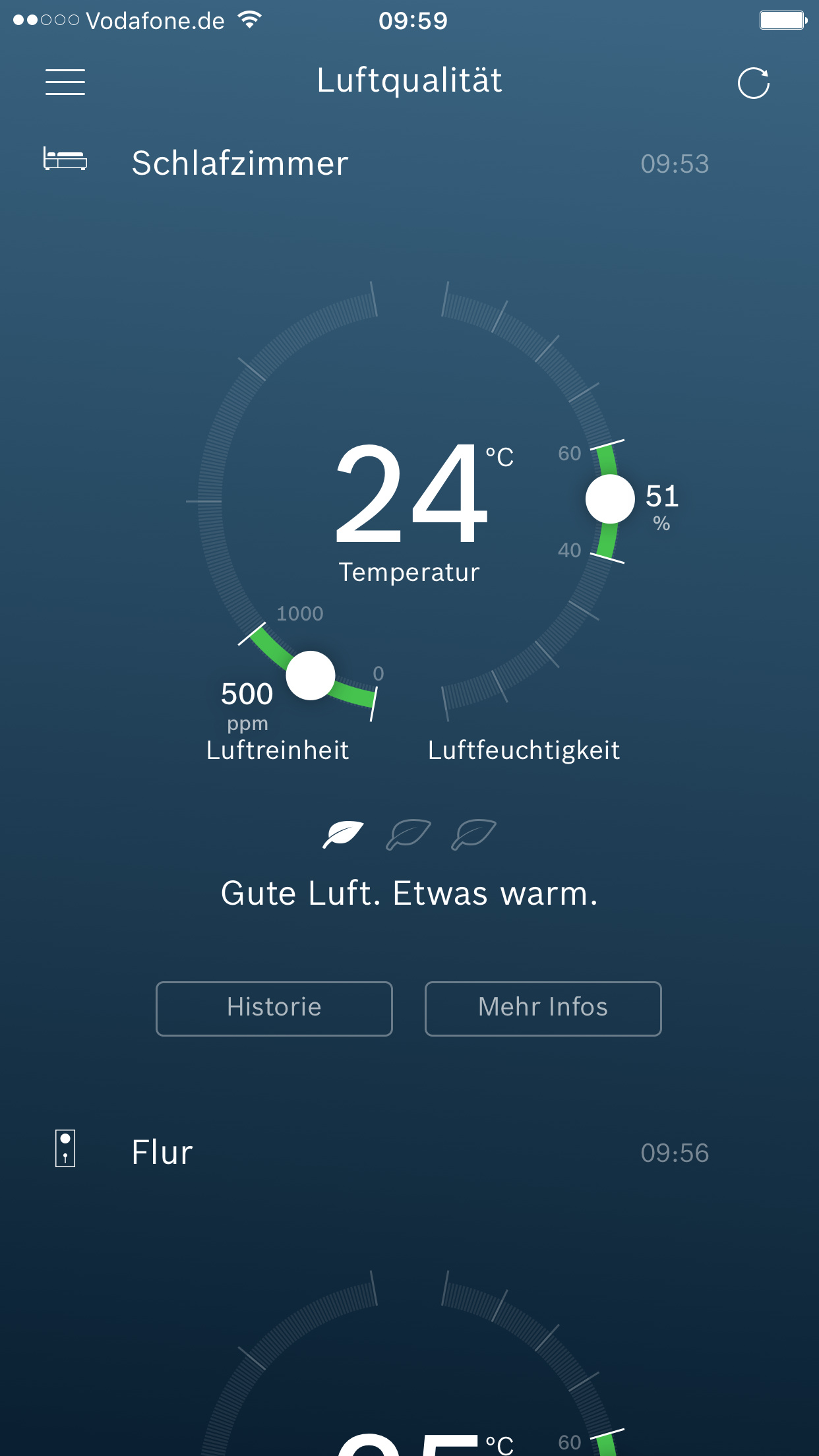Smartphone-Bildschirm mit Luftqualitätsdaten, Temperatur, Luftfeuchtigkeit und Schadstoffwerten.