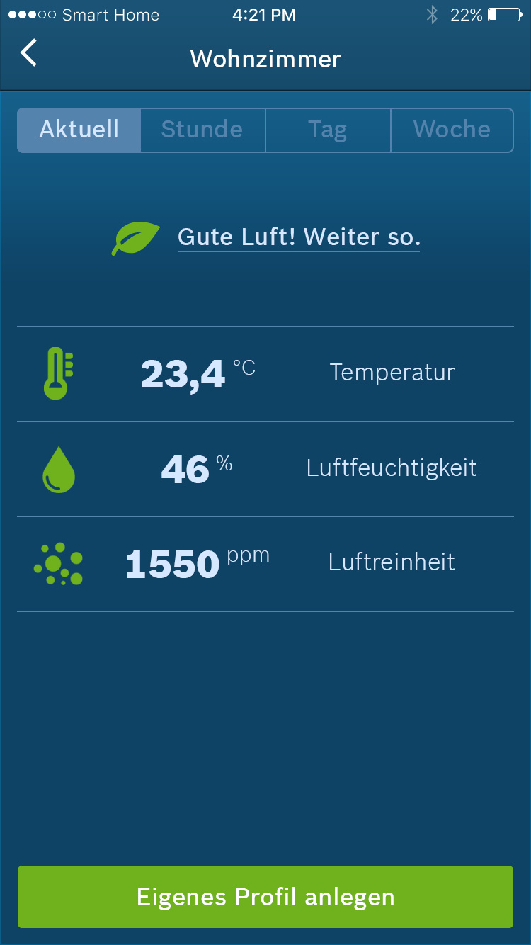 Ein Smartphone-Bildschirm mit Raumluftqualitätsdaten. Er zeigt Temperatur, Luftfeuchtigkeit und Luftqualität.