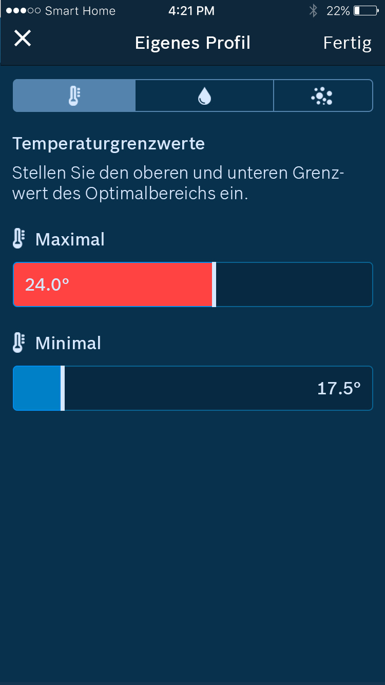Handy-Bildschirm mit Temperatureinstellungen und roten/blauen Balken.