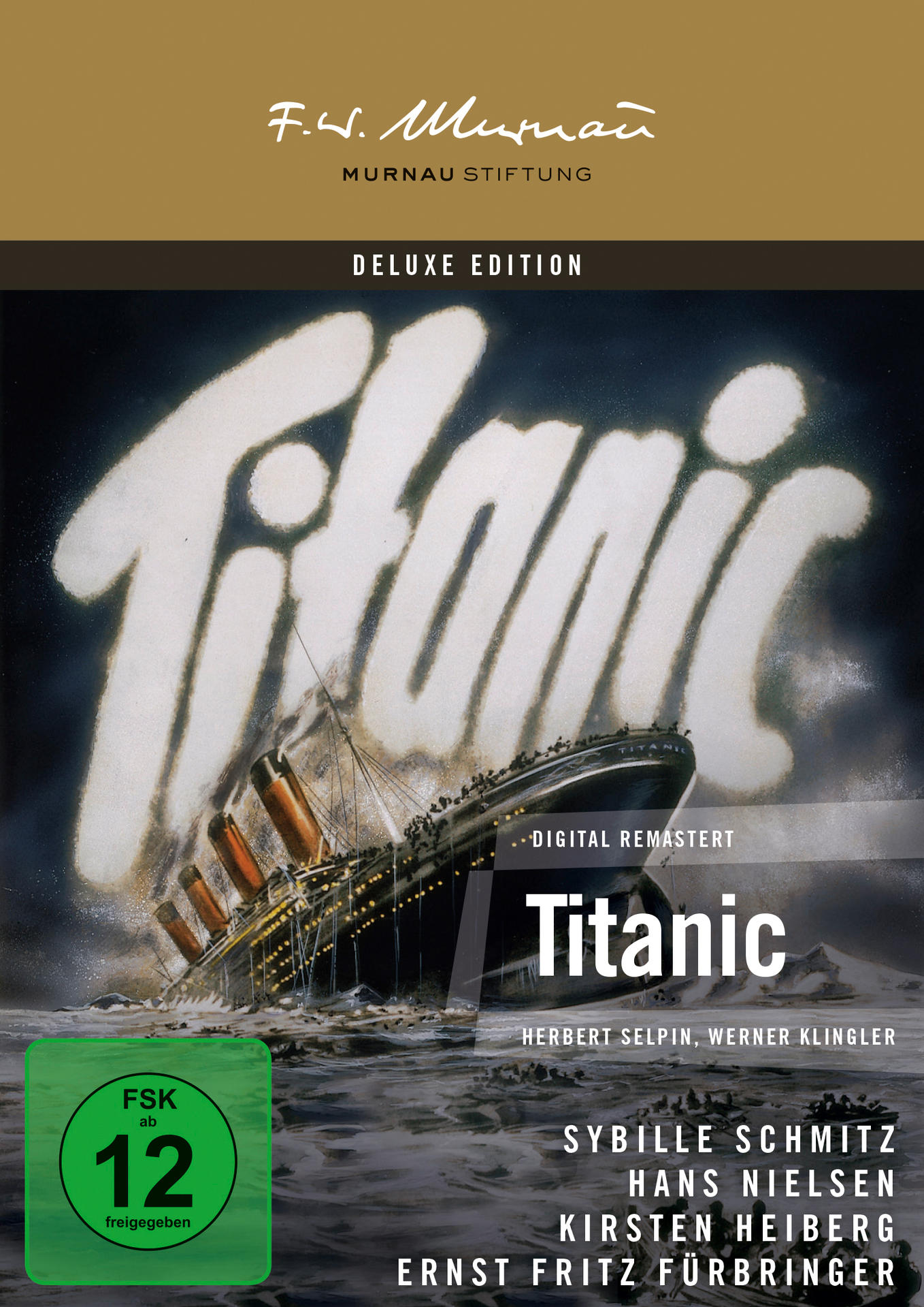 Titanic DVD-Cover. Ein sinkendes Schiff im Wasser. Der Titel ist groß und weiß.