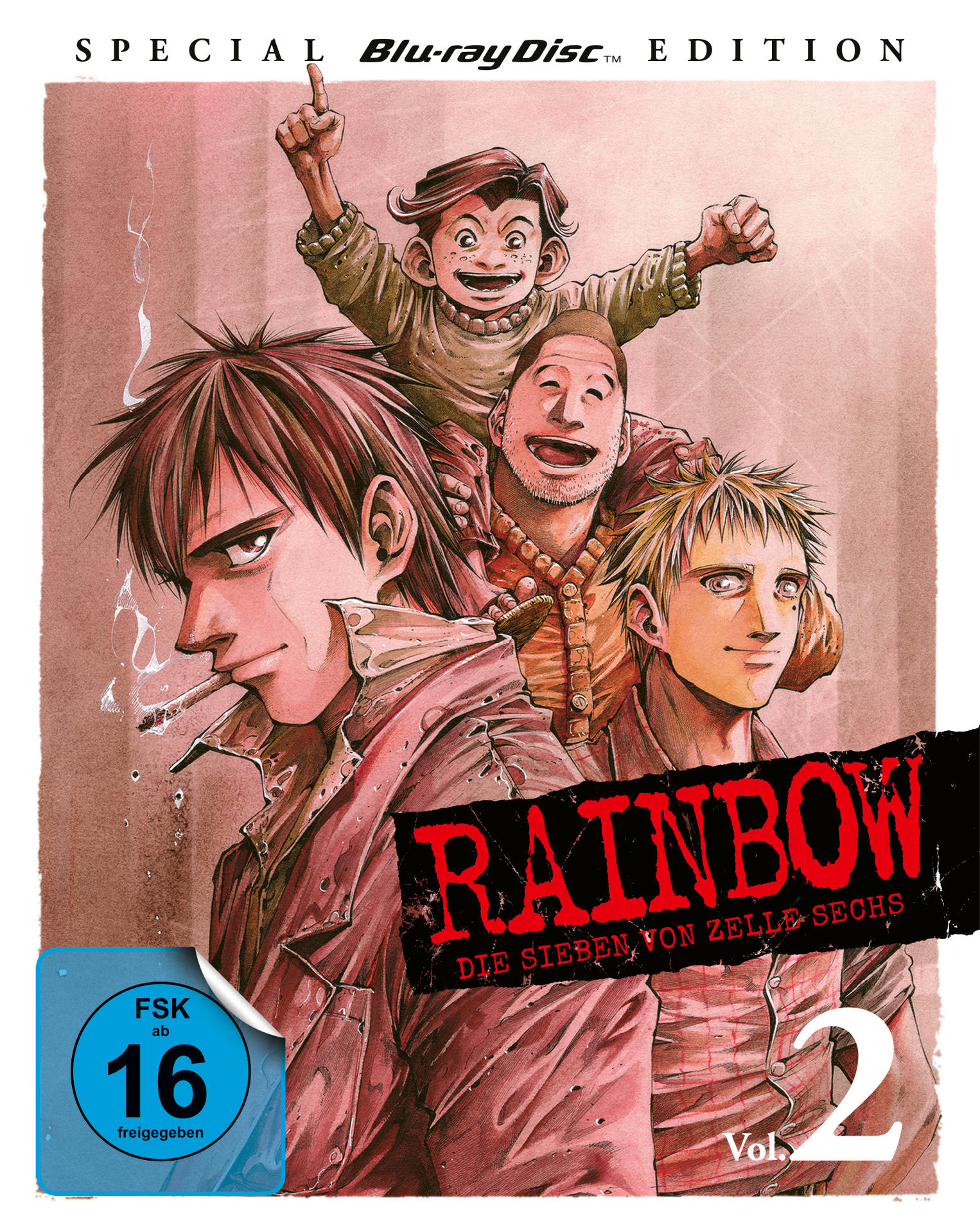 Blu-ray-Cover. Vier männliche Figuren sind abgebildet. Einer raucht. Das Wort 'RAINBOW' steht in Rot. Es ist für 16+.
