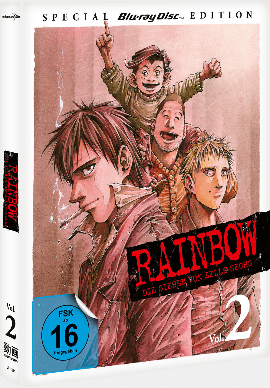 Anime-Cover: Mehrere junge Männer, einer raucht. Titel: Rainbow. Blu-ray Disc Edition. FSK 16 Aufkleber. Band 2.