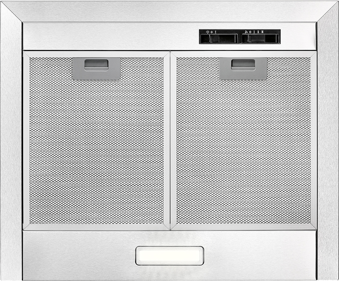 Edelstahl-Dunstabzugshaube mit zwei Netzfiltern, einem Bedienfeld und einem Licht. Sie hat ein rechteckiges Design.