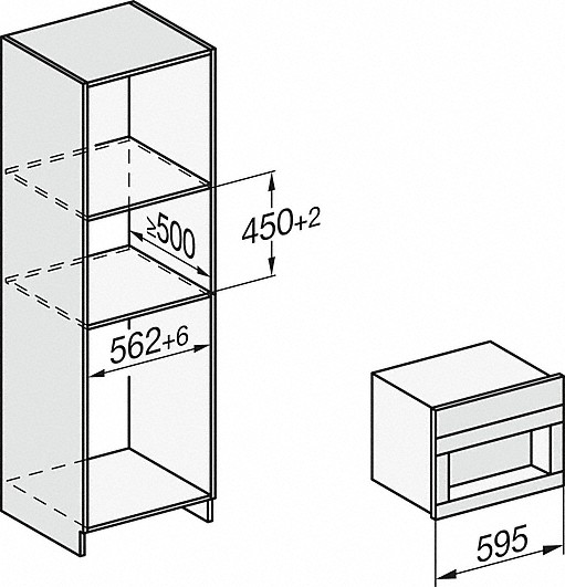 Diagramm eines Einbauofens mit Einbaumaßen.