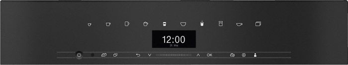 Schwarzes Bedienfeld mit Symbolen und einer Digitaluhr, die 12:00 anzeigt. Mehrere Funktionssymbole vorhanden.