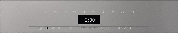 Silberfarbenes Bedienfeld mit Symbolen und einer Digitaluhr, die 12:00 anzeigt.
