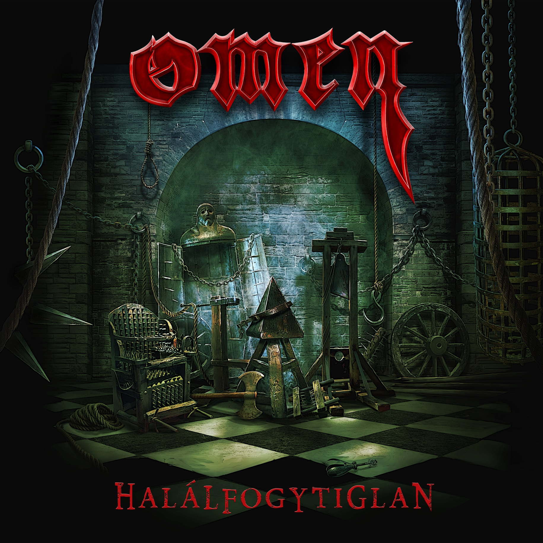 Album borító kínzóeszközökkel, egy piros Omen logóval és a "Halálfogytiglan" szóval.
