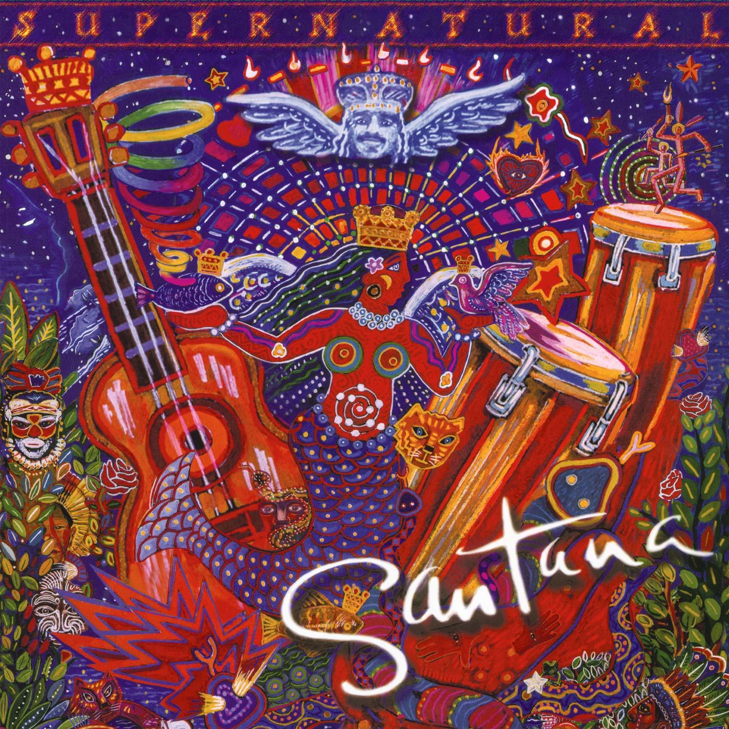 Santanas Supernatural Albumcover mit leuchtenden Farben und Illustrationen.