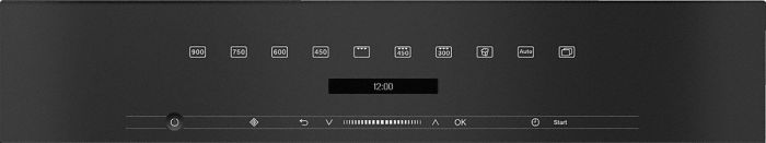 Ein schwarzes Bedienfeld eines Mikrowellenherds. Es zeigt verschiedene Kochoptionen und eine Digitaluhr.