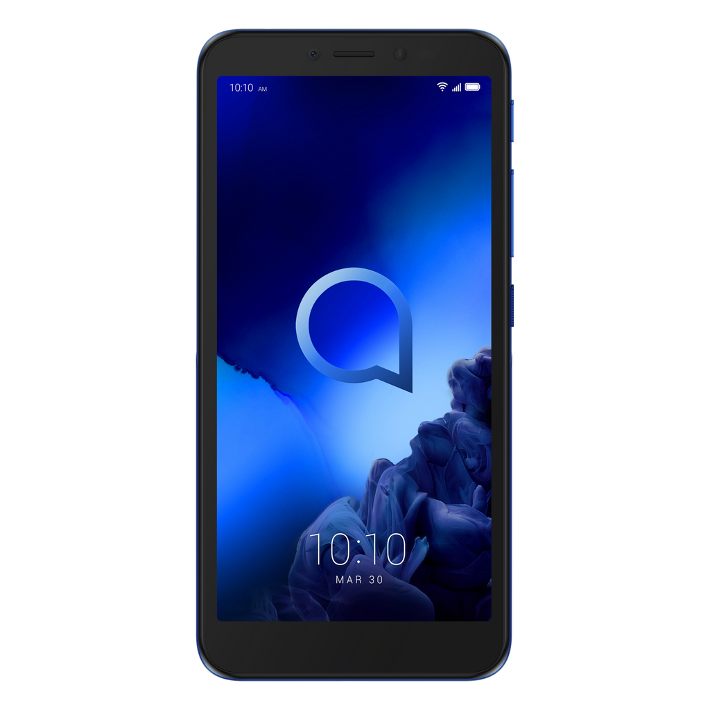 Smartphone azul con fondo de pantalla abstracto azul y blanco. La hora es 10:10 AM. El teléfono está sobre un fondo gris.