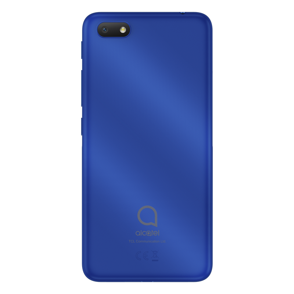 Smartphone azul, vista trasera. Se ve una lente de cámara y el logotipo de Alcatel.