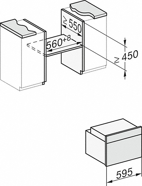 Ein Diagramm mit den Abmessungen für die Installation von zwei Schränken an einer Wand, mit Messungen.