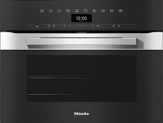 Schwarzer Miele-Ofen mit digitaler Uhranzeige und Edelstahlgriff.