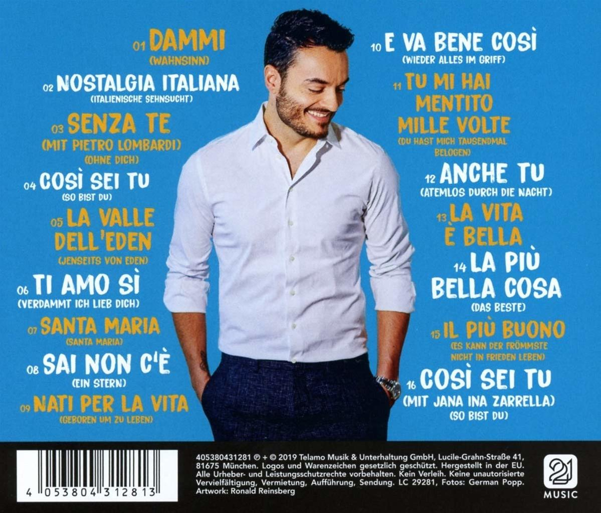Rückseite einer CD mit einem Mann. Titelliste auf Italienisch, mit Barcode unten.