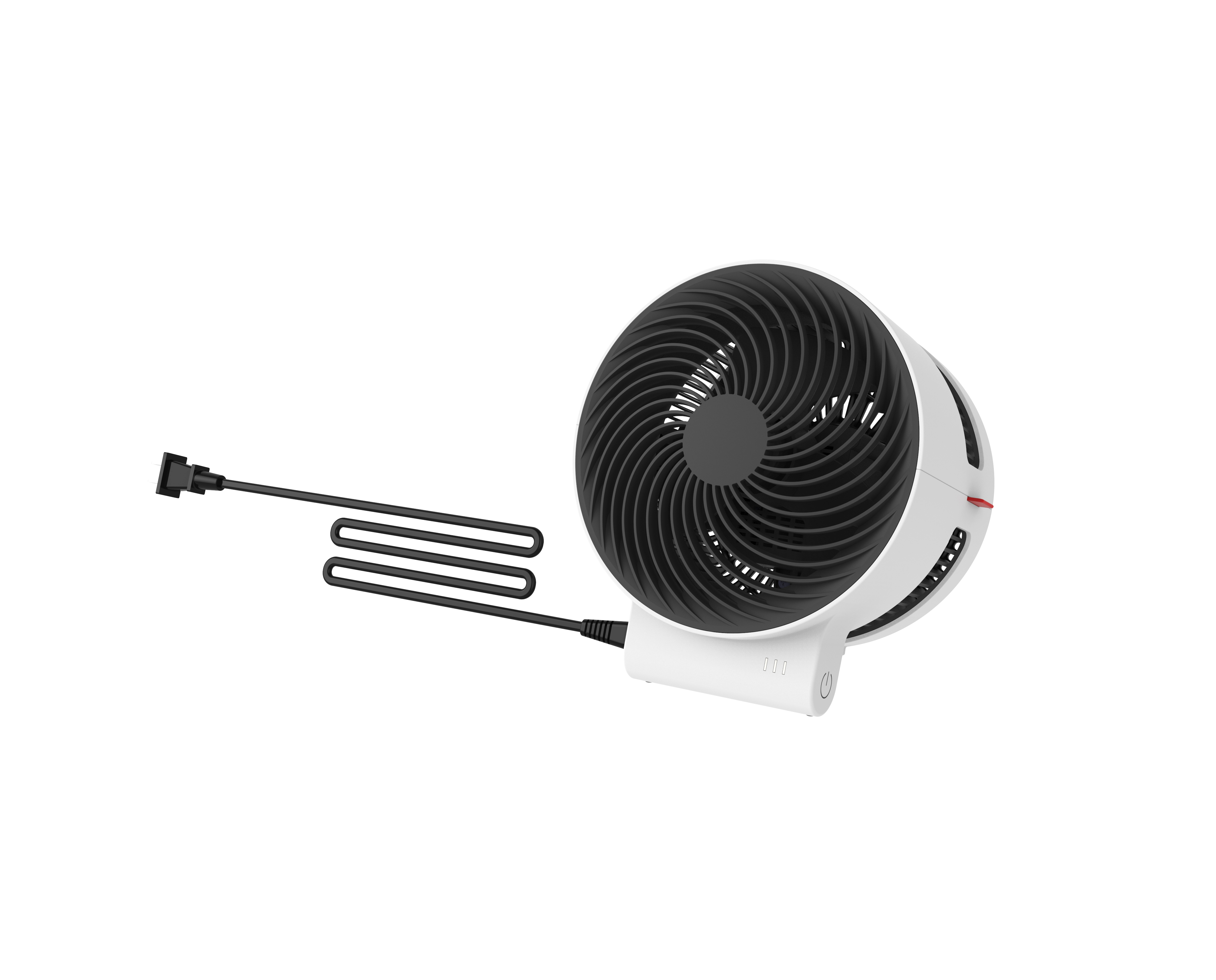 Weißer und schwarzer Ventilator mit schwarzem Stromkabel. Ventilator hat ein Gitter und einen Ständer.