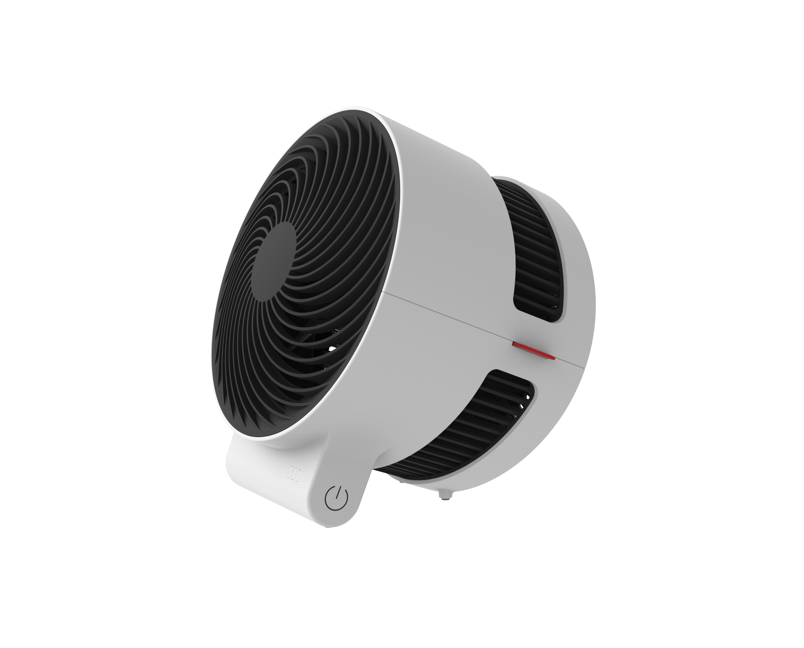 Weiß-schwarzer Ventilator mit Ein/Aus-Taste. Der Ventilator befindet sich auf weißem Hintergrund.