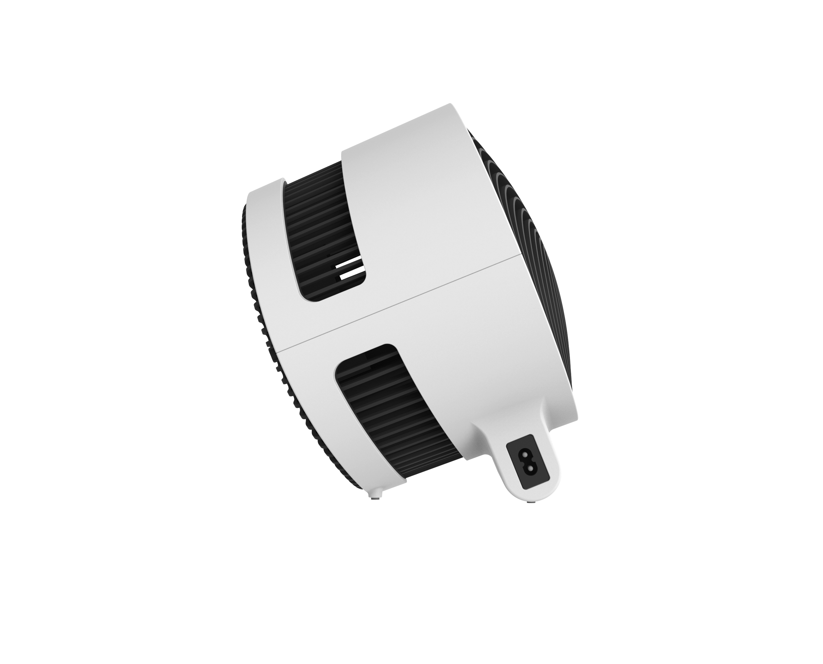 Ein weiß-schwarzer Ventilator wird von der Seite schräg vor weißem Hintergrund gezeigt.