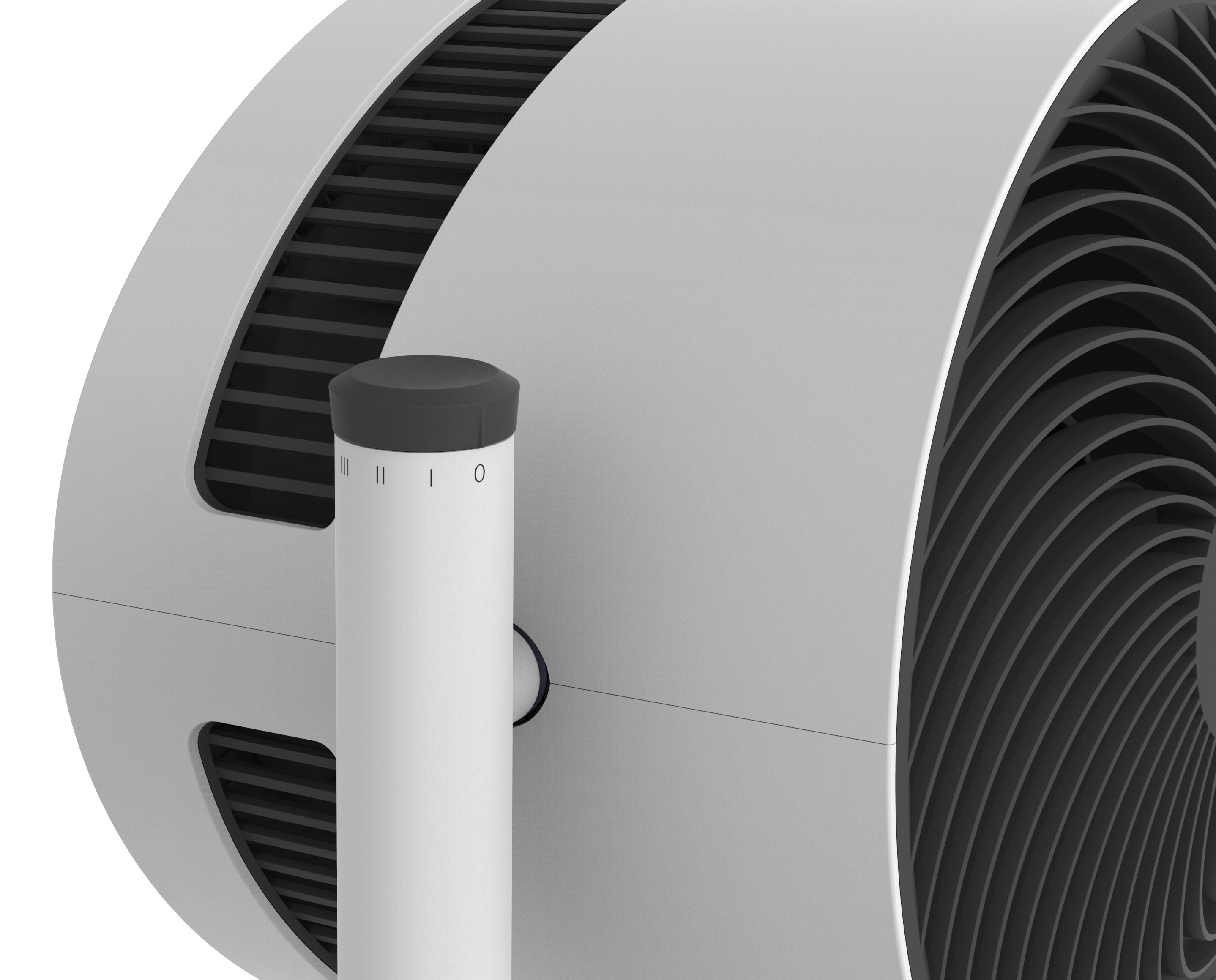 Weiß-grauer Ventilator mit Bedienfeld an der Seite. Ein weißer Steuerknüppel links.