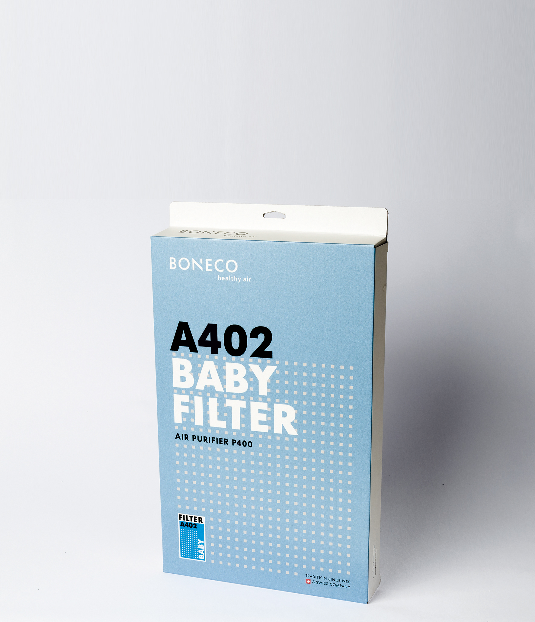 Eine Box für einen Baby-Luftfilter, hellblau mit weißen Details und Text.