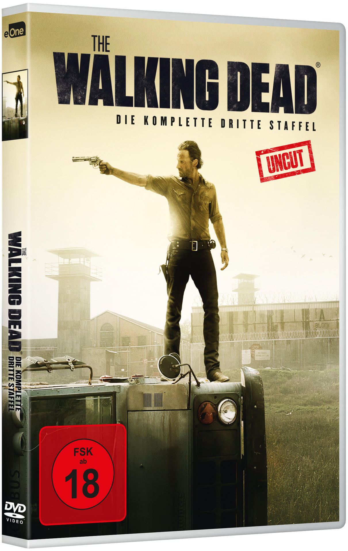 The Walking Dead DVD-Box. Ein Mann mit einer Waffe steht auf einem Fahrzeug in einer postapokalyptischen Umgebung.