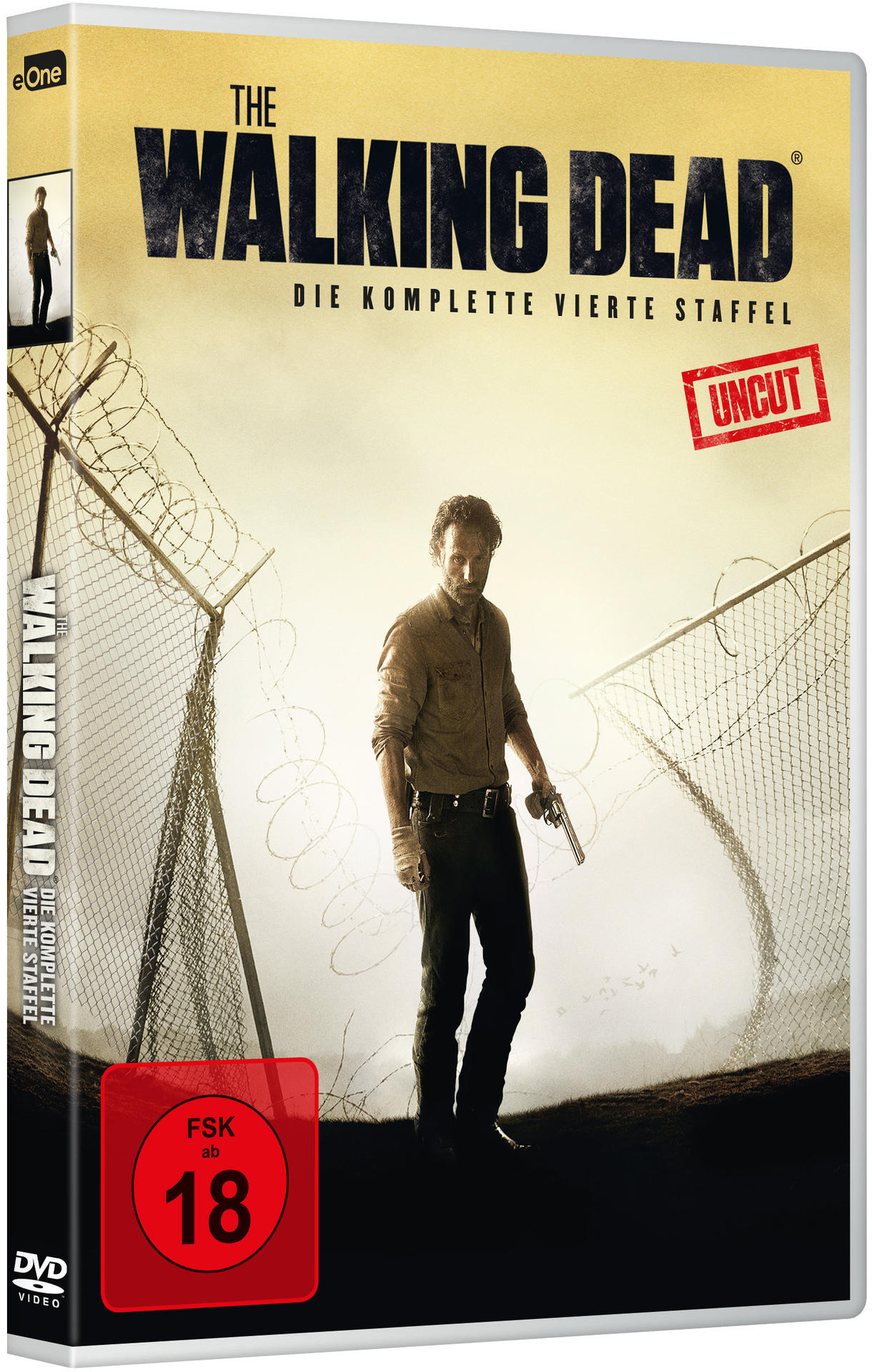 DVD-Hülle von The Walking Dead. Mann mit Waffe, Zaun, Stacheldraht. Uncut-Label.