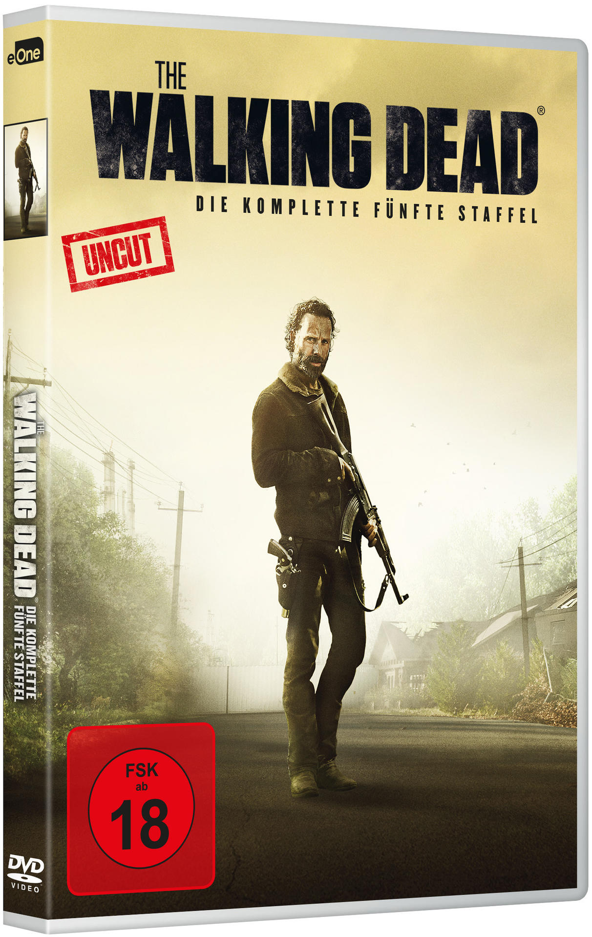 DVD-Hülle für The Walking Dead, Staffel 5. Das Cover zeigt einen Mann mit einem Gewehr.
