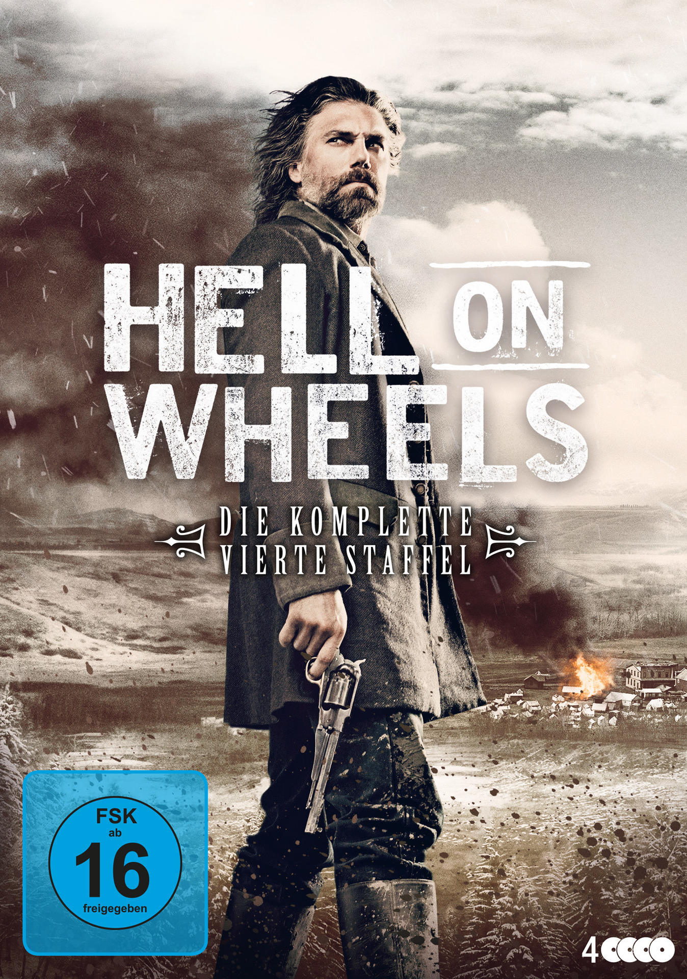 DVD-Cover für Hell on Wheels. Ein Mann mit einer Waffe steht in einer verschneiten Landschaft. Flammen im Hintergrund.