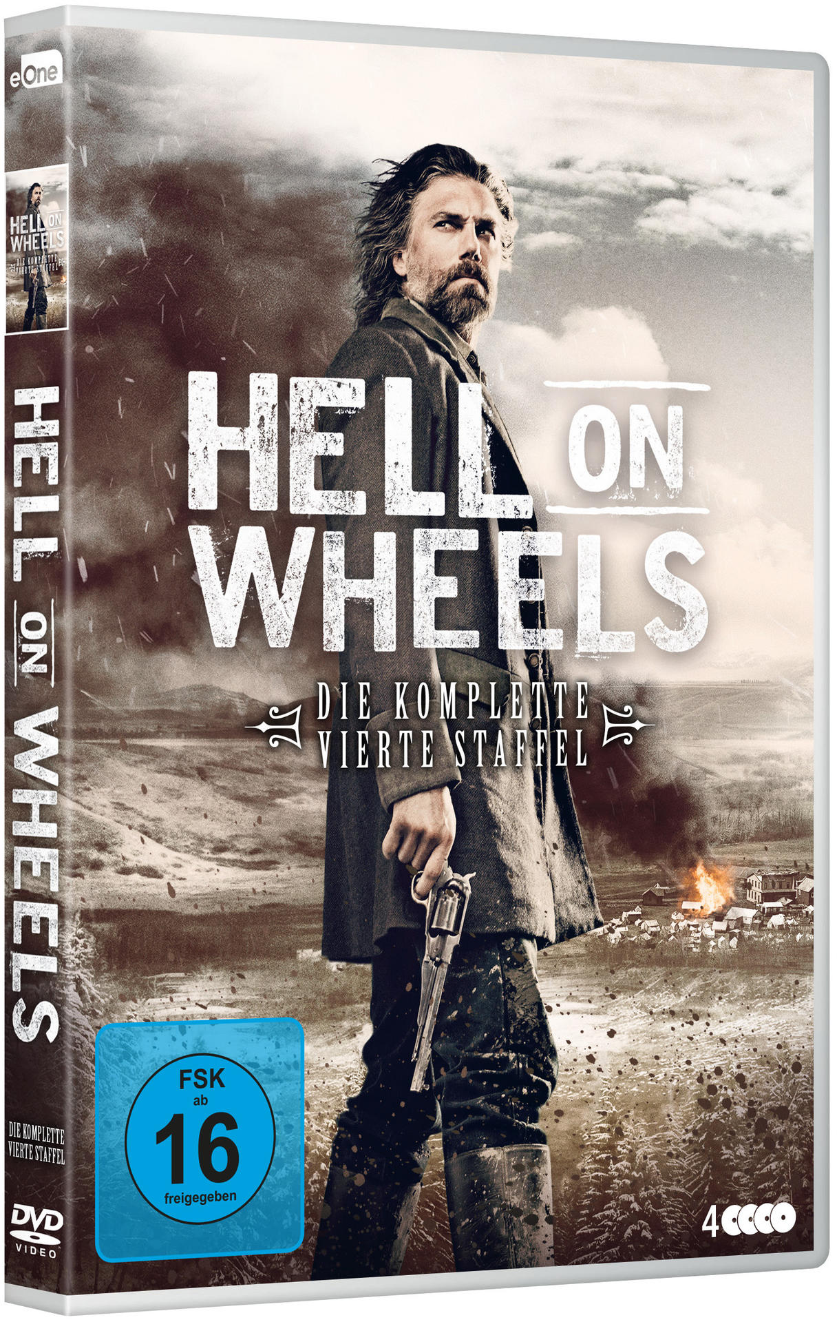 DVD-Cover für Hell on Wheels, mit einem Mann, der eine Waffe hält, und einer brennenden Stadt im Hintergrund.