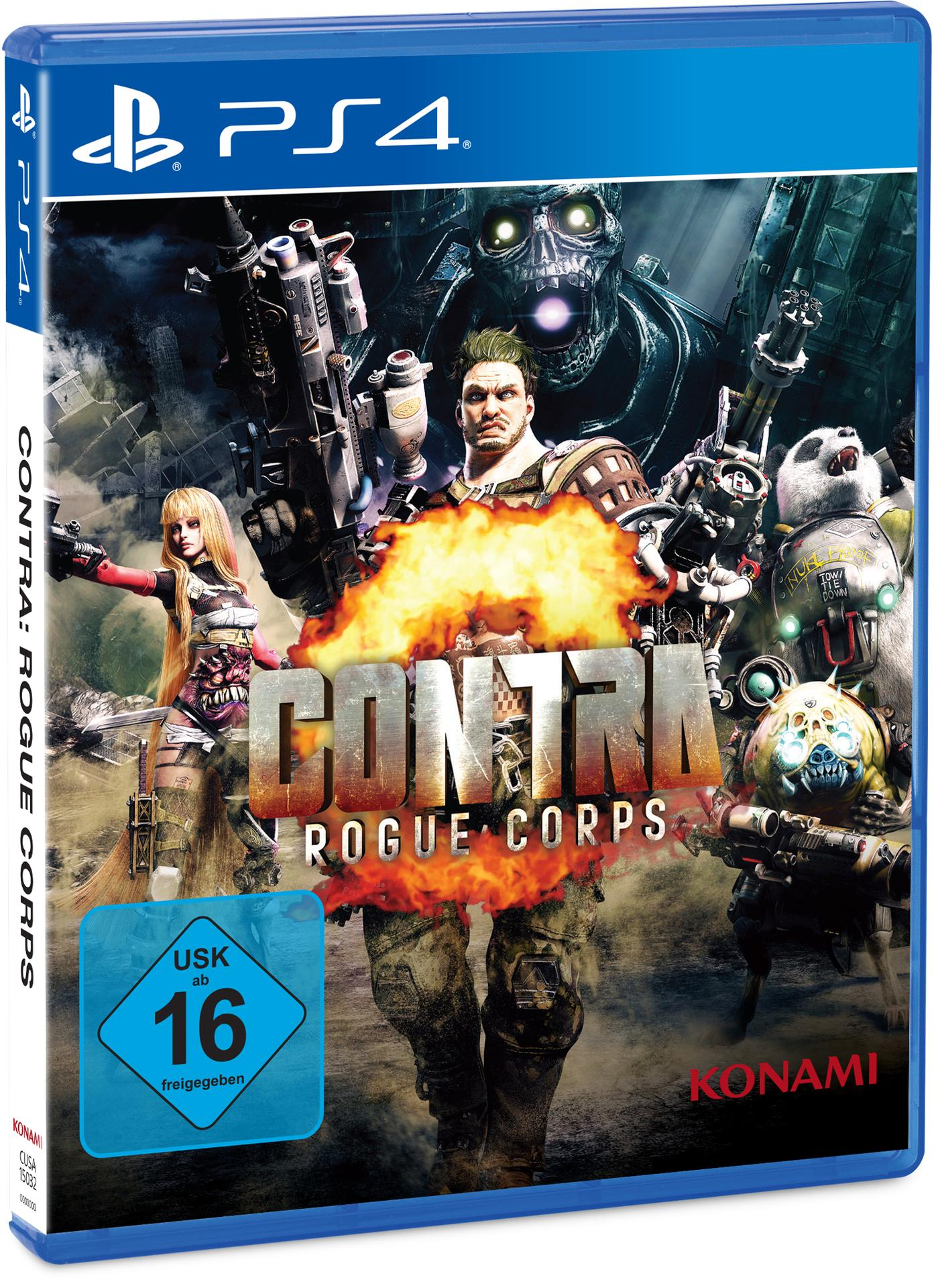 PS4-Spielbox. Titel Contra Rogue Corps, mit Charakteren mit Waffen vor dunklem Hintergrund mit Zombie.