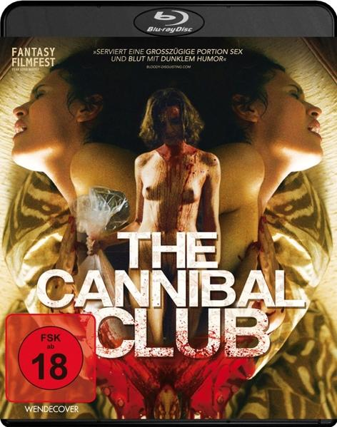 Filmposter: Frau mit Blut und zwei Bildern ihres Gesichts. The Cannibal Club. Roter FSK 18 Aufkleber.