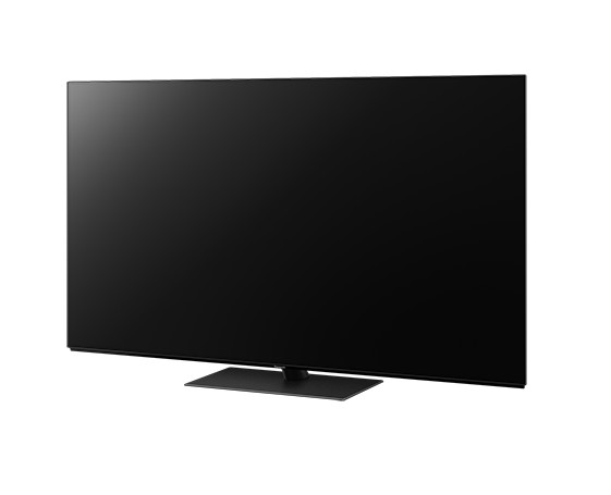 TV de pantalla plana negra grande con soporte rectangular, aislado en blanco.