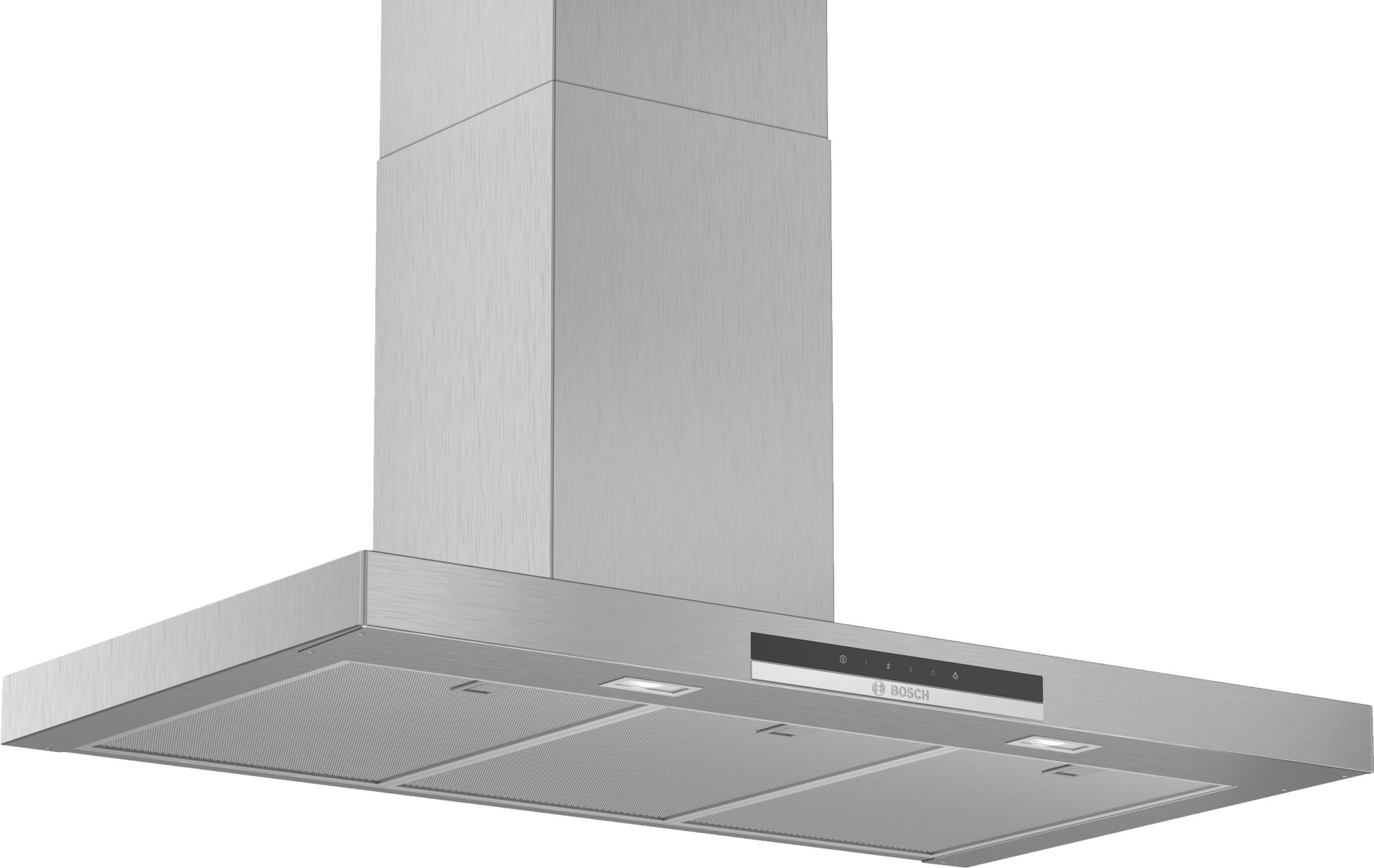 Hotte aspirante en acier inoxydable avec un design rectangulaire et un panneau de commande.
