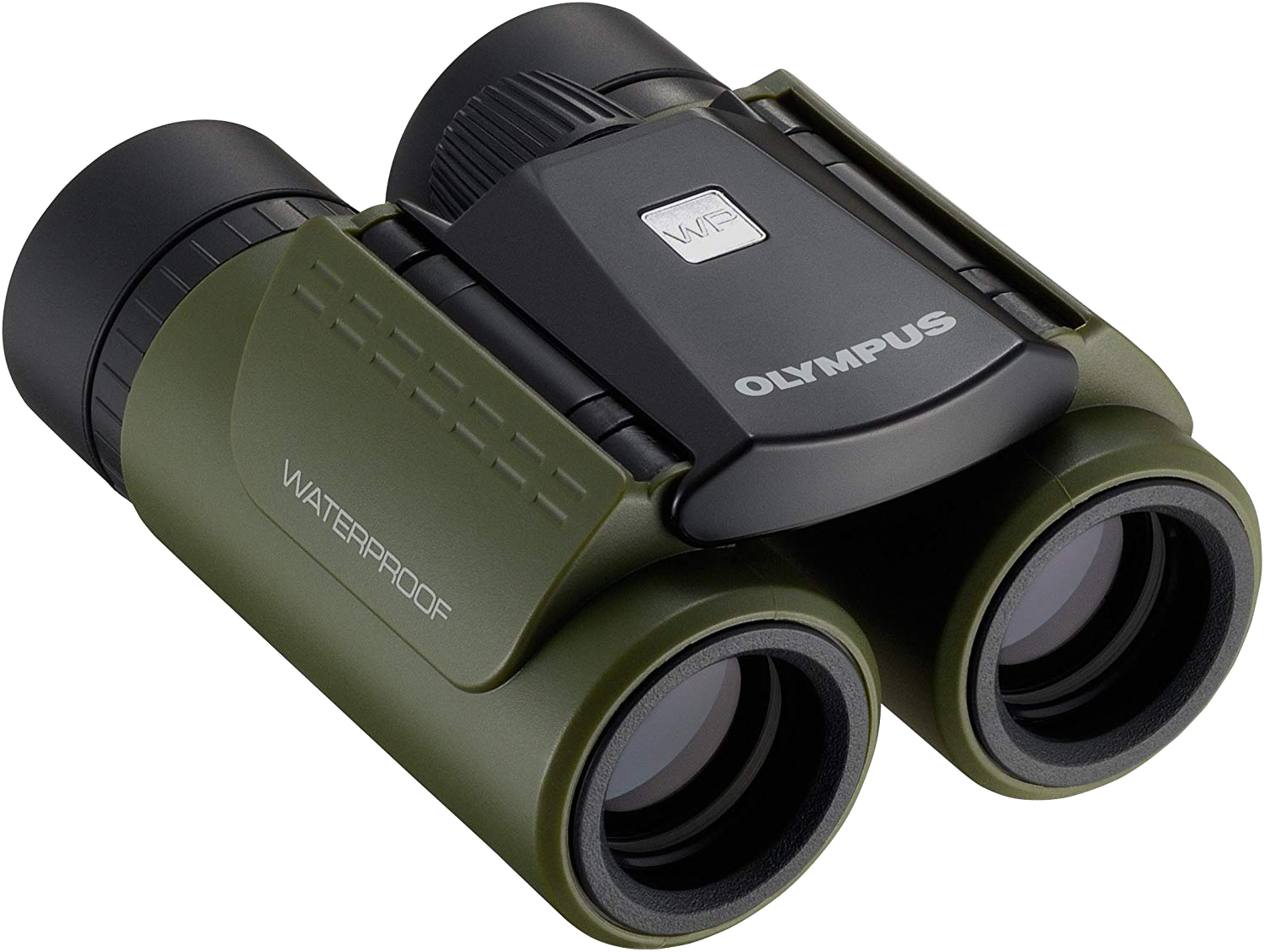 Olympus binokuláris. Zöldek és feketék. A "WATERPROOF" szó a binokuláris oldalán van nyomtatva.