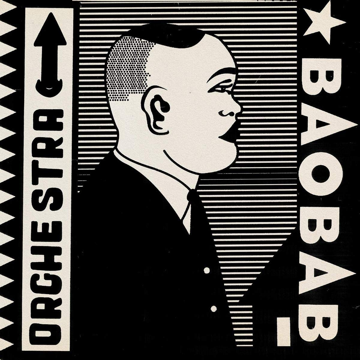 Fekete-fehér poszter egy férfi profiljával. A BAOBAB szó jobbra, az ORCHESTRA szó balra.