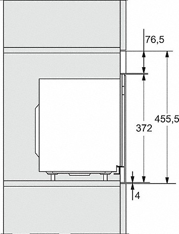 Diagramm, das einen in einem Küchenschrank installierten Mikrowellenherd mit Abmessungen zeigt.