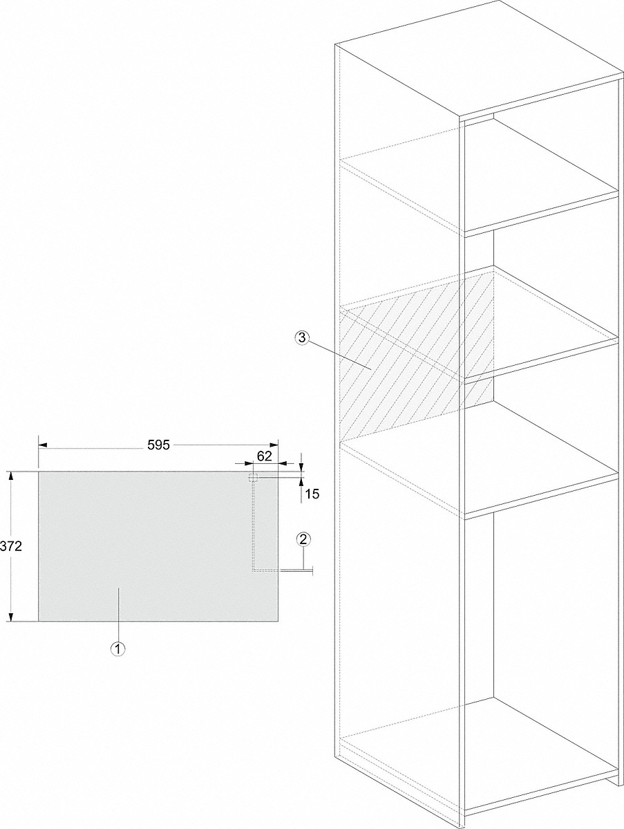 Eine Strichzeichnung eines hohen, schmalen Schranks mit Regalen und einem Maßdiagramm.