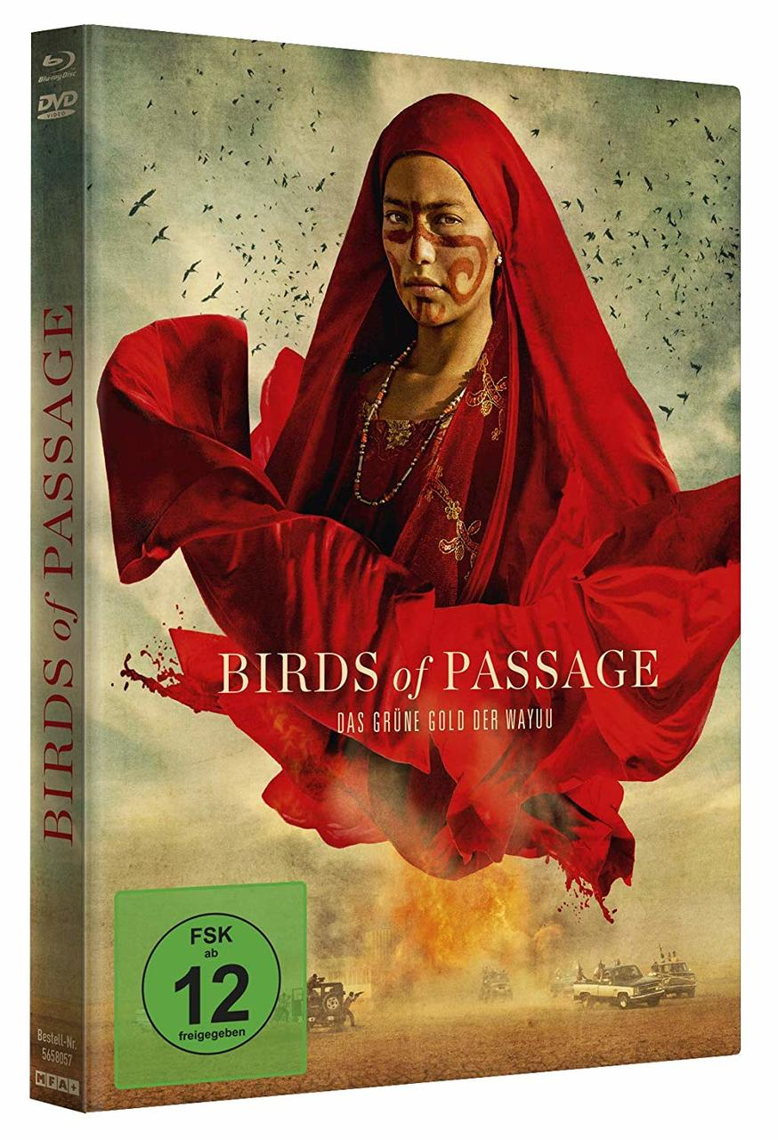 Ein DVD-Cover für den Film Birds of Passage, mit einer Frau in Rot und einer Wüstenszene.