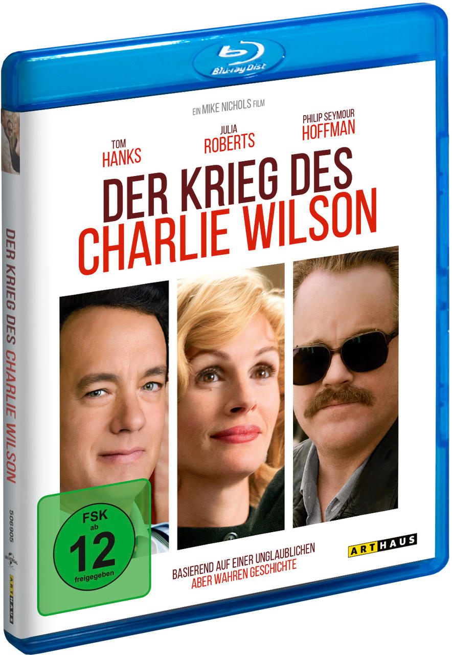 Blu-ray-Disc-Cover für 'Der Krieg des Charlie Wilson' mit Tom Hanks und Julia Roberts. Blaue Hülle.