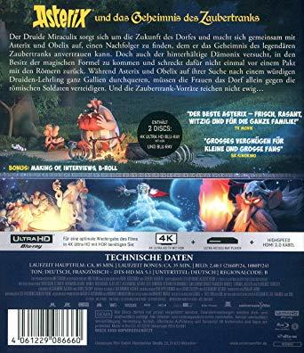 Rückseite des Asterix-Films. Charaktere und Text sind sichtbar. Blu-ray und 4K Ultra HD sind notiert.