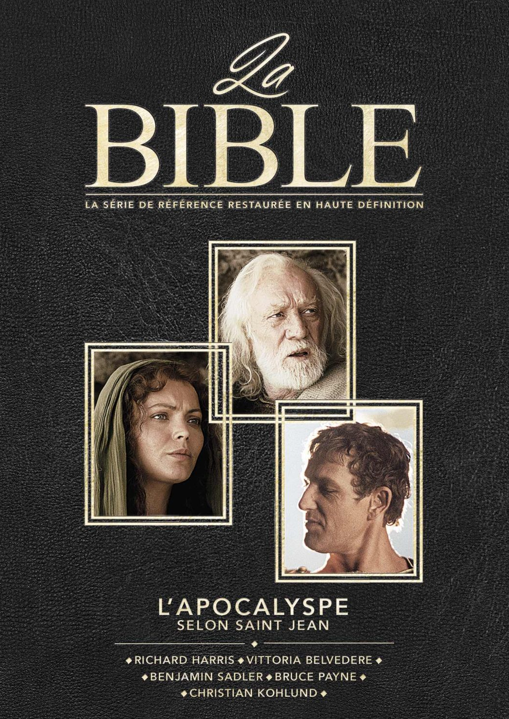 Jaquette DVD de 'La Bible'. Comprend des images de personnes et du texte sur l'Apocalypse.