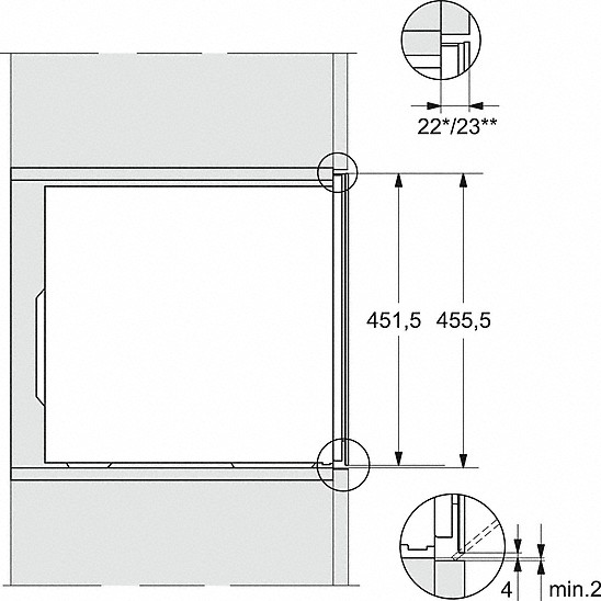 Diagramm eines Einbaugeräts mit Abmessungen. Zeigt Maße in Millimetern. Grauer Hintergrund.