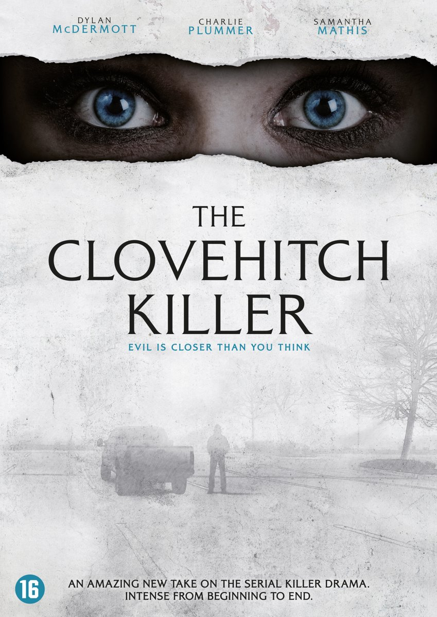 Affiche de film : The Cloveshitch Killer. Yeux regardant vers le bas. Figure au loin.