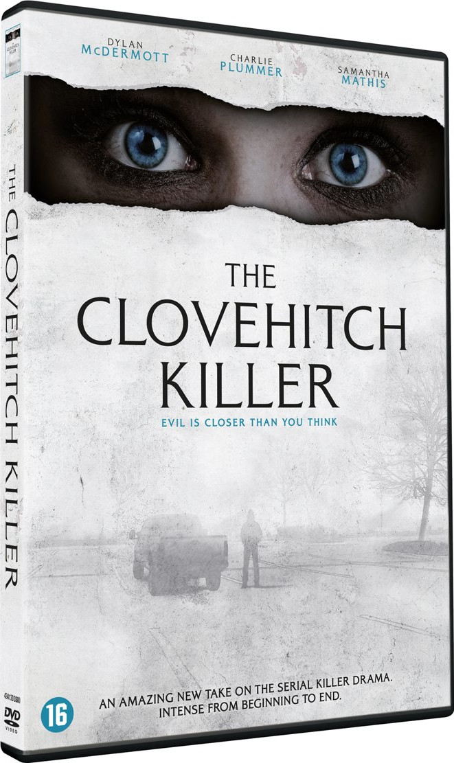 Couverture de DVD pour "The Clovehitch Killer", avec un gros plan sur des yeux bleus.