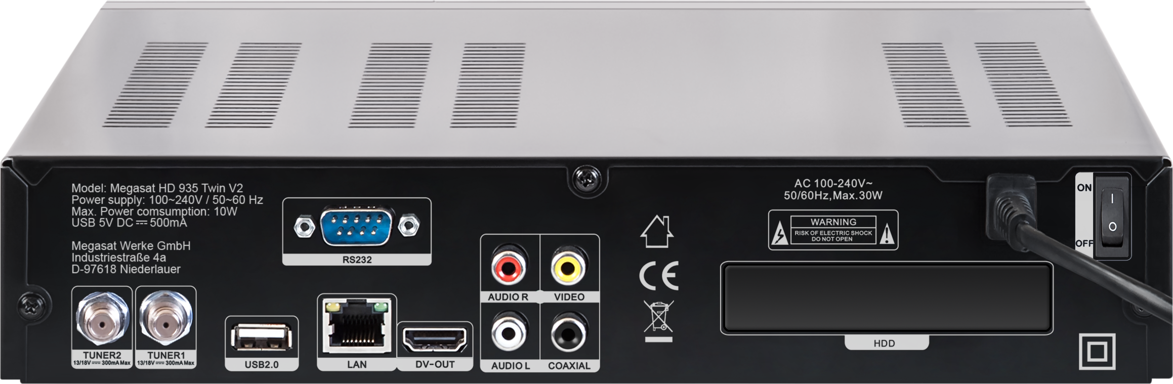 MEGASAT HD 935 Twin V2 Receiver (HDTV, PVR-Funktion, Twin Tuner, DVB-S, DVB-S2, Schwarz)
