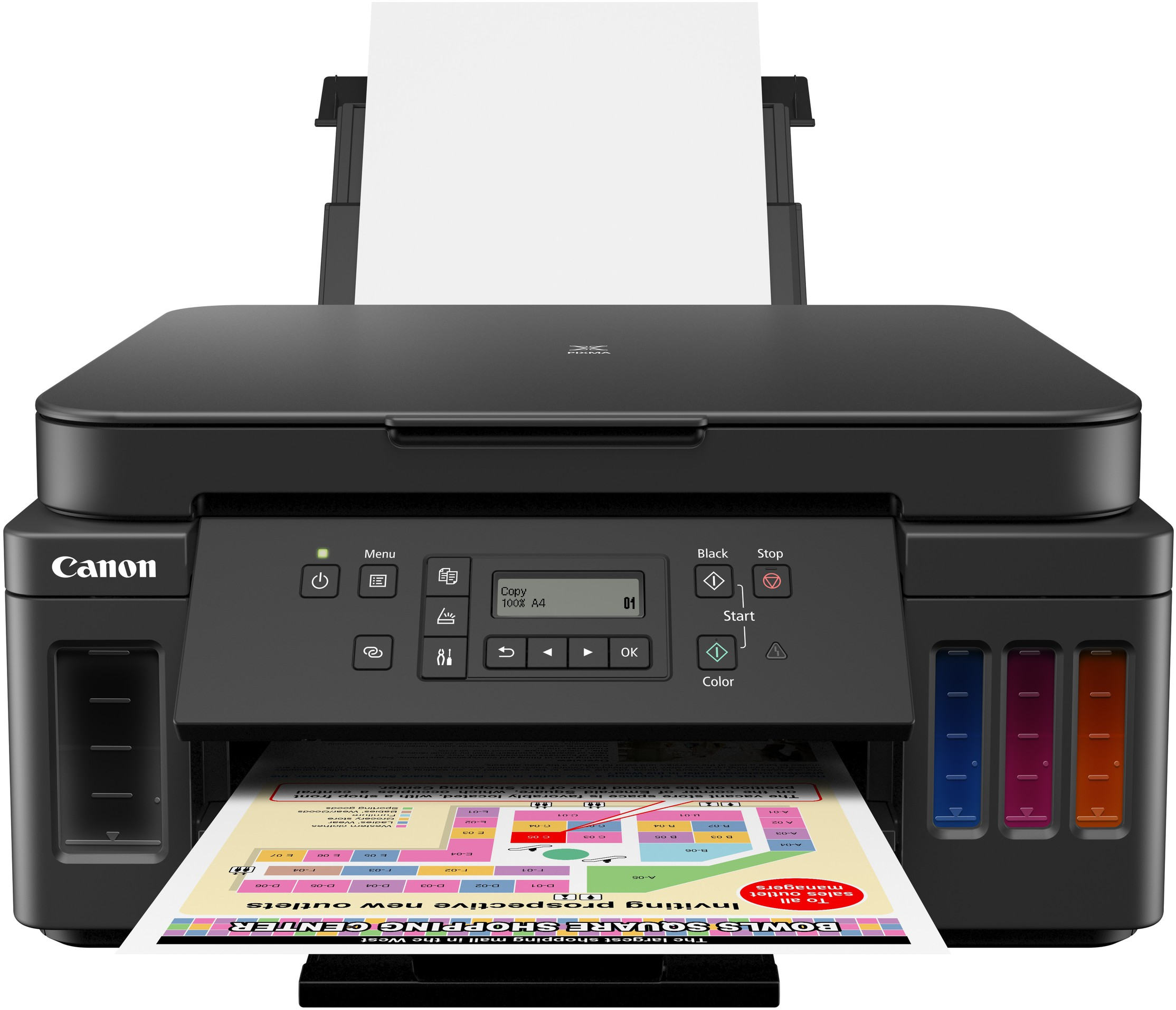 Canon-Drucker. Schwarzes Gehäuse, oberes Fach mit Papier und Farbanzeige mit buntem Ausdruck.