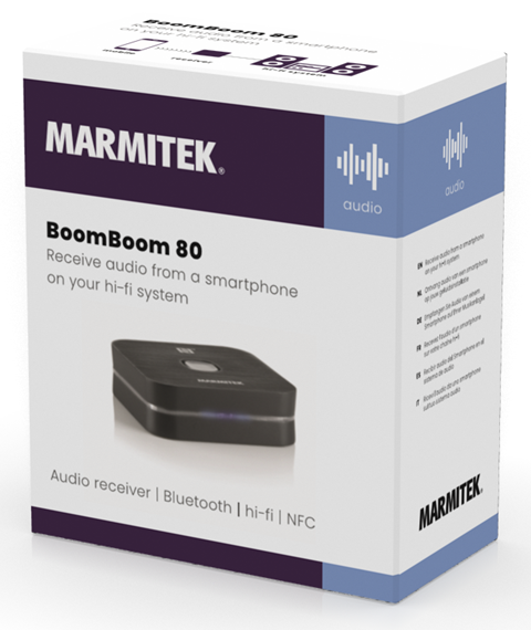 A white box with a black audio receiver, labeled 'BoomBoom 80' and 'MARMITEK'.