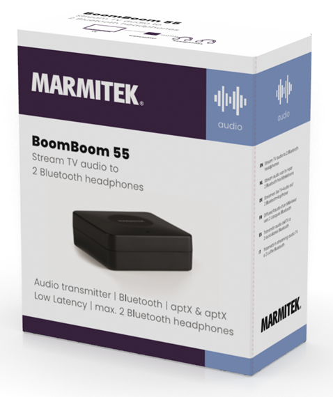 Box with audio streamer. It says 'BoomBoom 55 Stream TV audio to 2 Bluetooth headphones'.